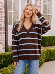 Coeurva V Neck Striped Pattern Drop Shoulder Sweater,Knitted Sweater In Fall/Winter - Sky Blue - View 9
