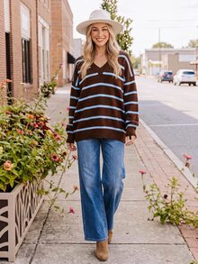 Coeurva V Neck Striped Pattern Drop Shoulder Sweater,Knitted Sweater In Fall/Winter - Sky Blue - View 8