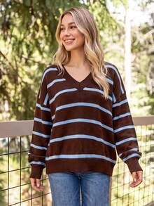 Coeurva V Neck Striped Pattern Drop Shoulder Sweater,Knitted Sweater In Fall/Winter - Sky Blue - View 7