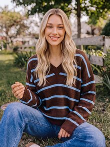 Coeurva V Neck Striped Pattern Drop Shoulder Sweater,Knitted Sweater In Fall/Winter - Sky Blue - View 5