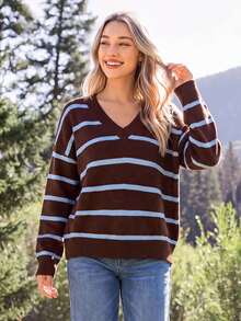 Coeurva V Neck Striped Pattern Drop Shoulder Sweater,Knitted Sweater In Fall/Winter - Sky Blue - View 6