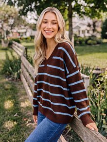 Coeurva V Neck Striped Pattern Drop Shoulder Sweater,Knitted Sweater In Fall/Winter - Sky Blue - View 1
