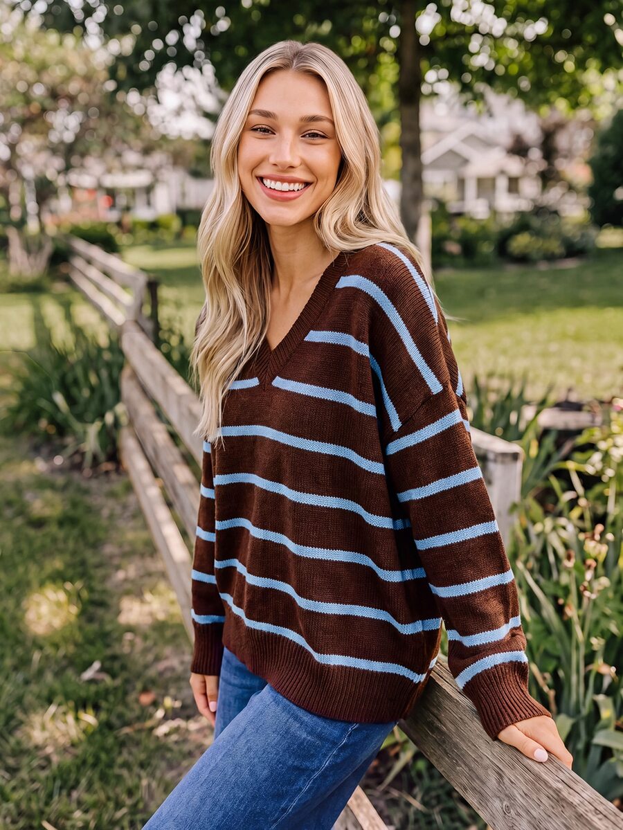 Coeurva V Neck Striped Pattern Drop Shoulder Sweater,Knitted Sweater In Fall/Winter - Sky Blue - View 1