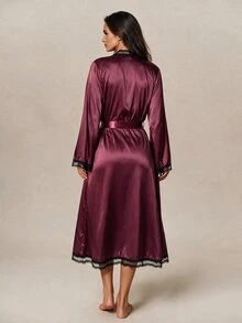 Lumalex 2pcs Faux Silk Lace Patchwork Criss-Cross Backless Tie Robe & Slip Dress Set For Women.Eyelash Lace .Fall/Winter.Sexy.Party.Purple-Red - Maroon - View 2