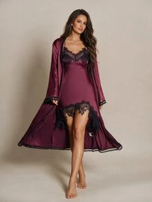 Lumalex 2pcs Faux Silk Lace Patchwork Criss-Cross Backless Tie Robe & Slip Dress Set For Women.Eyelash Lace .Fall/Winter.Sexy.Party.Purple-Red - Maroon - View 6