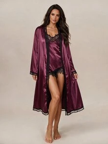 Lumalex 2pcs Faux Silk Lace Patchwork Criss-Cross Backless Tie Robe & Slip Dress Set For Women.Eyelash Lace .Fall/Winter.Sexy.Party.Purple-Red - Maroon - View 1