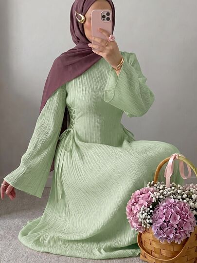 Solavon Vestido largo elegante de mujer con mangas acampanadas y lazo lateral en la cintura, color liso