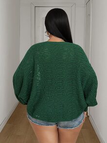 Maweii 大尺碼女款紋理針織套頭毛衣,蝙蝠袖,休閒寬鬆版型,時尚款 - 綠色 - 查看 4