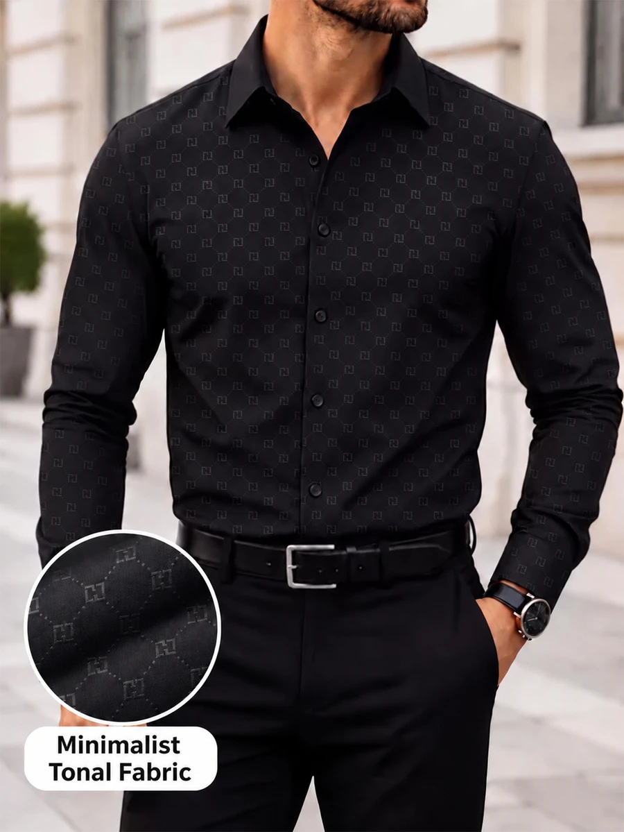 Manfinity Mode Men's Business Casual Design Embossed Long Sleeve Shirt - Black - View 1