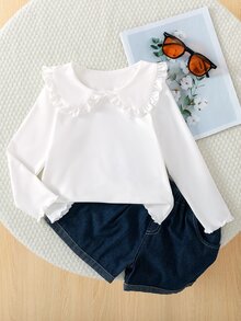 SHEIN Explorewe Young Girls Ruffle Peter Pan Collar Long Sleeve Top, Soft Knit Casual Basic Tee For Daily School Wear - White - View 4