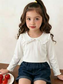 SHEIN Explorewe Young Girls Ruffle Peter Pan Collar Long Sleeve Top, Soft Knit Casual Basic Tee For Daily School Wear - White - View 3