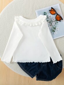 SHEIN Explorewe Young Girls Ruffle Peter Pan Collar Long Sleeve Top, Soft Knit Casual Basic Tee For Daily School Wear - White - View 2