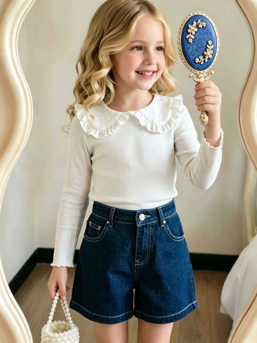 SHEIN Explorewe Young Girls Ruffle Peter Pan Collar Long Sleeve Top, Soft Knit Casual Basic Tee For Daily School Wear - White - View 1