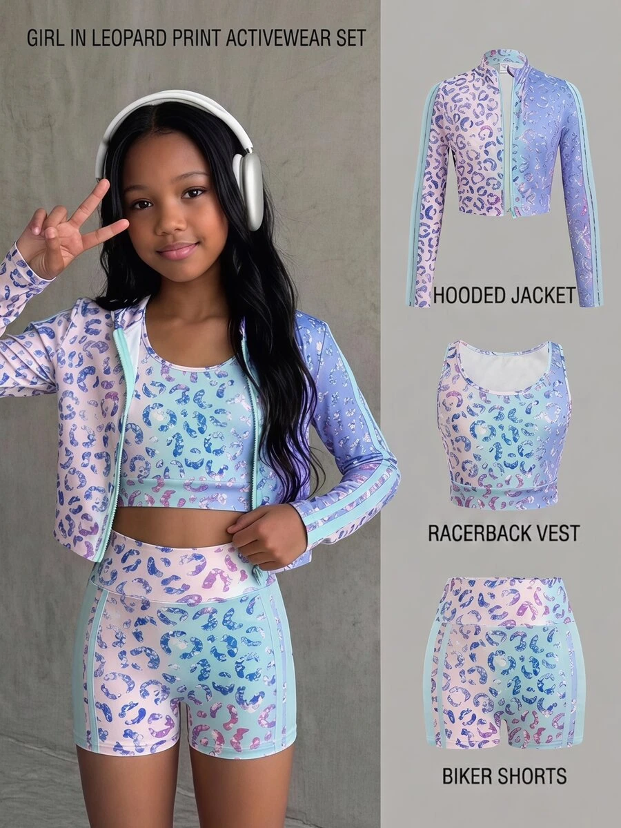 SHEIN Tween Girl Multicolor Leopard Long Sleeve High Neck Zip-Up T-Shirt Camisole Shorts 3Pcs Set - Blue - View 1