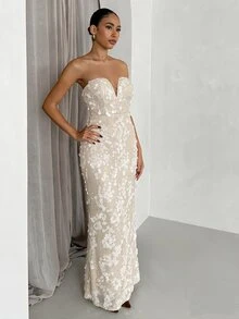 SHEIN Glamour Women's Strapless Sequin Evening Party Holiday Dress, Fashionable And Elegant - Apricot - View 4