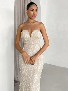 SHEIN Glamour Women's Strapless Sequin Evening Party Holiday Dress, Fashionable And Elegant - Apricot - View 5