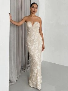 SHEIN Glamour Women's Strapless Sequin Evening Party Holiday Dress, Fashionable And Elegant - Apricot - View 3