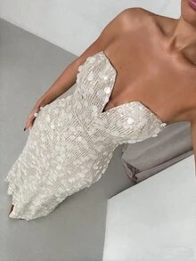 SHEIN Glamour Women's Strapless Sequin Evening Party Holiday Dress, Fashionable And Elegant - Apricot - View 1
