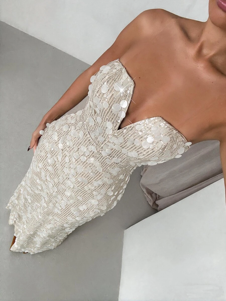 SHEIN Glamour Women's Strapless Sequin Evening Party Holiday Dress, Fashionable And Elegant - Apricot - View 1