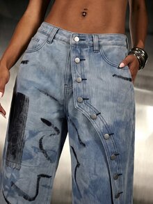Denimoi Unique Wash Straight Leg Jeans Fashion Jeans Fashionable Streetwear Button Detail Jeans Denim - Medium Wash - View 3