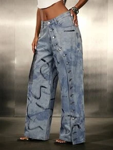 Denimoi Unique Wash Straight Leg Jeans Fashion Jeans Fashionable Streetwear Button Detail Jeans Denim - Medium Wash - View 4
