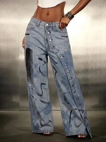 Denimoi Unique Wash Straight Leg Jeans Fashion Jeans Fashionable Streetwear Button Detail Jeans Denim - Medium Wash - View 1
