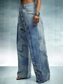 Denimoi Unique Wash Straight Leg Jeans Fashion Jeans Fashionable Streetwear Button Detail Jeans Denim - Medium Wash - View 9