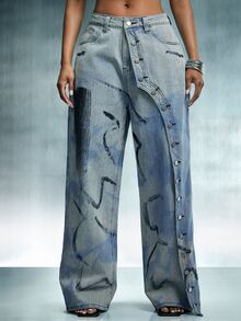 Denimoi Unique Wash Straight Leg Jeans Fashion Jeans Fashionable Streetwear Button Detail Jeans Denim - Medium Wash - View 6