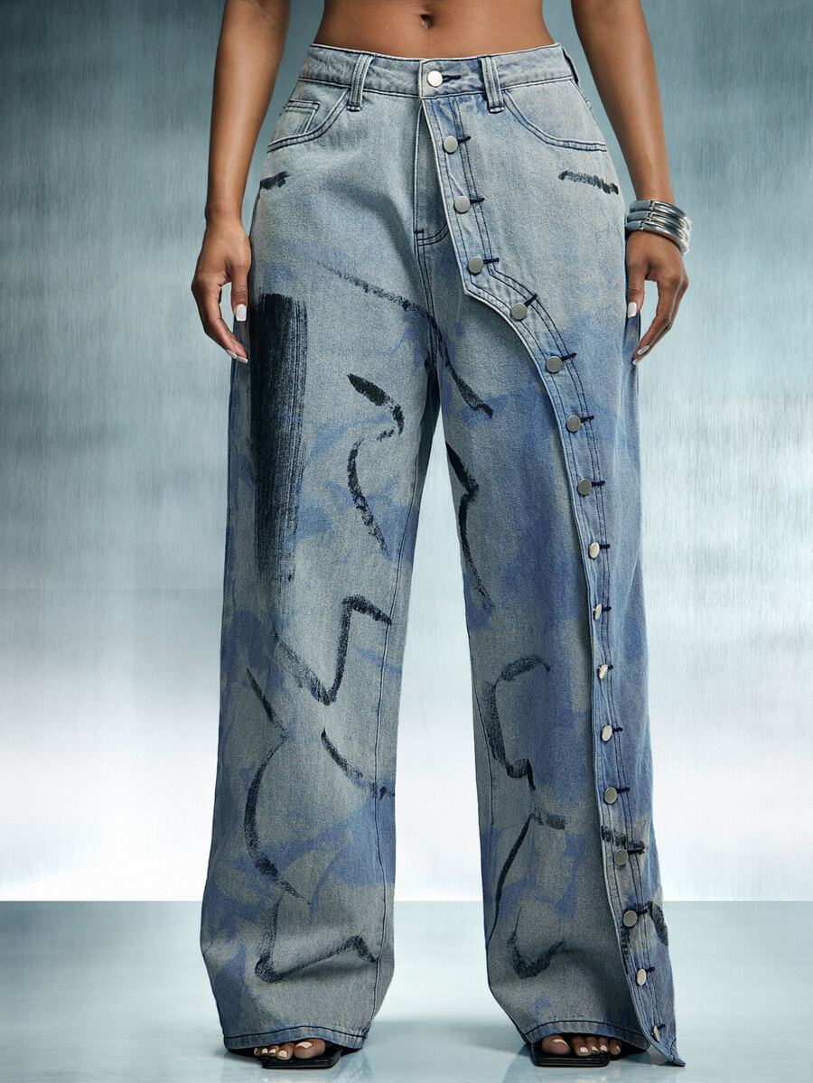 Denimoi Unique Wash Straight Leg Jeans Fashion Jeans Fashionable Streetwear Button Detail Jeans Denim - Medium Wash - View 1