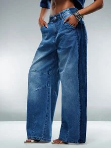 Denimoi Two Tone Barrel Jeans Fashion Jeans Everyday Wear Fashion Denim Barrel Leg Summer - Medium Wash - View 1