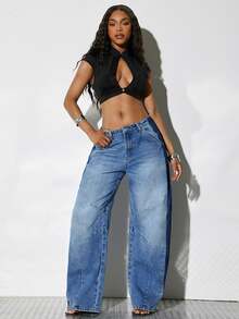 Denimoi Two Tone Barrel Jeans Fashion Jeans Everyday Wear Fashion Denim Barrel Leg Summer - Medium Wash - View 7