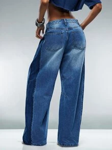 Denimoi Two Tone Barrel Jeans Fashion Jeans Everyday Wear Fashion Denim Barrel Leg Summer - Medium Wash - View 5