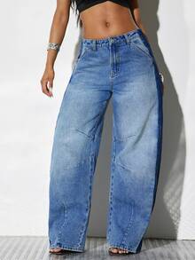 Denimoi Two Tone Barrel Jeans Fashion Jeans Everyday Wear Fashion Denim Barrel Leg Summer - Medium Wash - View 8