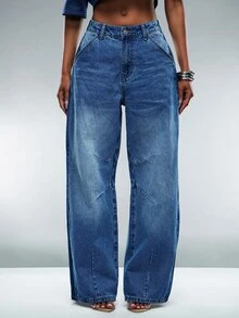 Denimoi Two Tone Barrel Jeans Fashion Jeans Everyday Wear Fashion Denim Barrel Leg Summer - Medium Wash - View 4