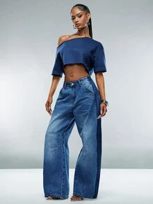 Denimoi Two Tone Barrel Jeans Fashion Jeans Everyday Wear Fashion Denim Barrel Leg Summer - Medium Wash - View 3