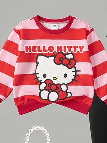 HELLO KITTY AND FRIENDS | SHEIN 青少年女孩條紋卡通印花圓領長袖運動衫與喇叭褲套裝 秋冬款 - 彩色 - 查看 3