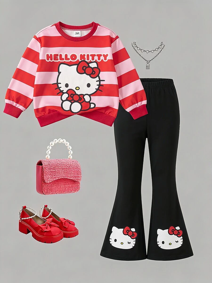 HELLO KITTY AND FRIENDS | SHEIN 青少年女孩條紋卡通印花圓領長袖運動衫與喇叭褲套裝 秋冬款 - 彩色 - 查看 1