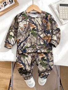 2pcs Baby Boys Tree Tie-Dye Print Pattern Crew Neck Fleece Long Sleeve Sweatshirt And Print Fleece Long Pants Sweatpants Set, Suitable For Autumn/Winter - Multicolor - View 3
