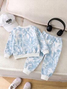 2pcs Setelan Baju Terusan Lengan Panjang dan Celana Panjang Fleece Motif Tie-Dye Pohon untuk Bayi Laki-laki, Cocok untuk Musim Gugur/Musim Dingin - MultiWarna - View 2