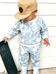 2pcs Setelan Baju Terusan Lengan Panjang dan Celana Panjang Fleece Motif Tie-Dye Pohon untuk Bayi Laki-laki, Cocok untuk Musim Gugur/Musim Dingin - MultiWarna - View 1