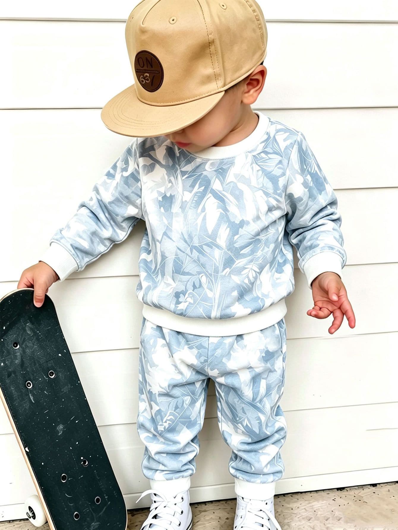 2pcs Setelan Baju Terusan Lengan Panjang dan Celana Panjang Fleece Motif Tie-Dye Pohon untuk Bayi Laki-laki, Cocok untuk Musim Gugur/Musim Dingin - MultiWarna - View 1