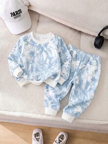 2pcs Setelan Baju Terusan Lengan Panjang dan Celana Panjang Fleece Motif Tie-Dye Pohon untuk Bayi Laki-laki, Cocok untuk Musim Gugur/Musim Dingin - MultiWarna - View 3