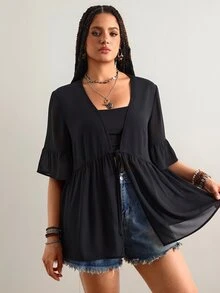 Freevana 大尺碼黑色純色和服上衣，寬鬆熱帶夏季沙灘裝，七分喇叭袖襯衫，前綁帶設計，波希米亞風上衣 - 黑色 - 查看 4