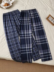 Teen Boys Pajama Bottoms, 2-Piece Set, Simple Fashion Classic Plaid Print Comfortable Long Pants Sleepwear - Multicolor - View 2