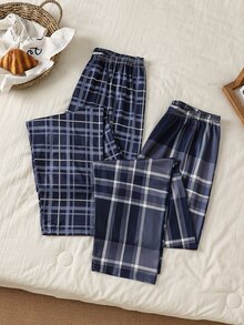 Teen Boys Pajama Bottoms, 2-Piece Set, Simple Fashion Classic Plaid Print Comfortable Long Pants Sleepwear - Multicolor - View 1