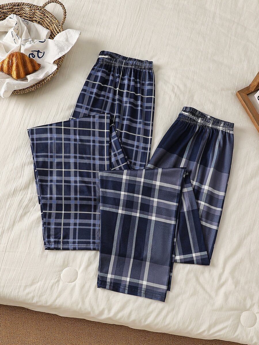 Teen Boys Pajama Bottoms, 2-Piece Set, Simple Fashion Classic Plaid Print Comfortable Long Pants Sleepwear - Multicolor - View 1
