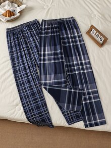 Teen Boys Pajama Bottoms, 2-Piece Set, Simple Fashion Classic Plaid Print Comfortable Long Pants Sleepwear - Multicolor - View 8