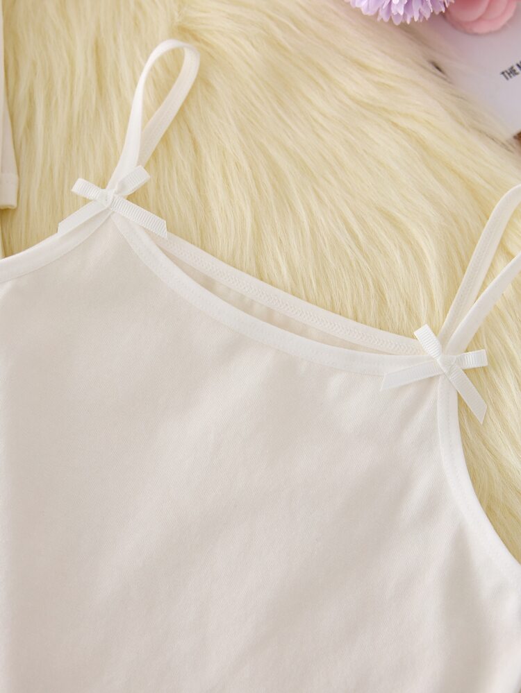 SHEIN 5pcs/Pack Girls White Cotton Shoulder Strap Decorated With Small Bows Cute Sweet Camisole Tank Top, Casual Daily Wear, Knit Fabric, Winter - White - View 5