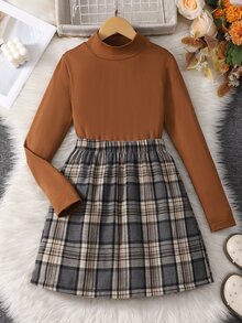 SHEIN 2件組女童長袖T恤與格紋裙套裝，適合外出、街頭、返校、校園穿著 - 卡其色 - 查看 3