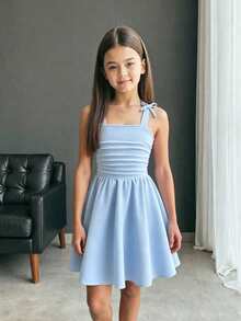 Elladie kids 少女藍色優雅公主仙女夏季生日禮服，3D蝴蝶結抓褶肩帶茶會套裝，適合青少年校園畢業假期，可愛簡約 - 藍色 - 查看 3